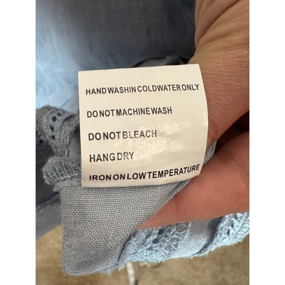 100% Linen Light Blue Embroidered Floral Knee Length Preppy Cottage S Sleeveless - Picture 7 of 8